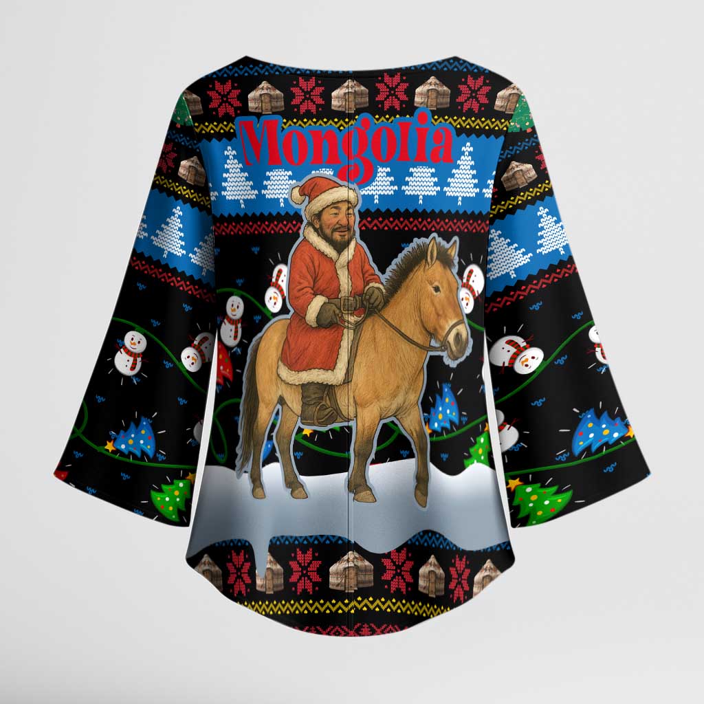 Mongolia Christmas Kimono Sleeve Blouse with Santa Riding Horse Snowmen Yurts and Winter Holiday - Wonder Print Shop