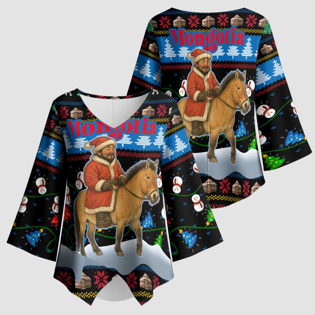 Mongolia Christmas Kimono Sleeve Blouse with Santa Riding Horse Snowmen Yurts and Winter Holiday - Wonder Print Shop