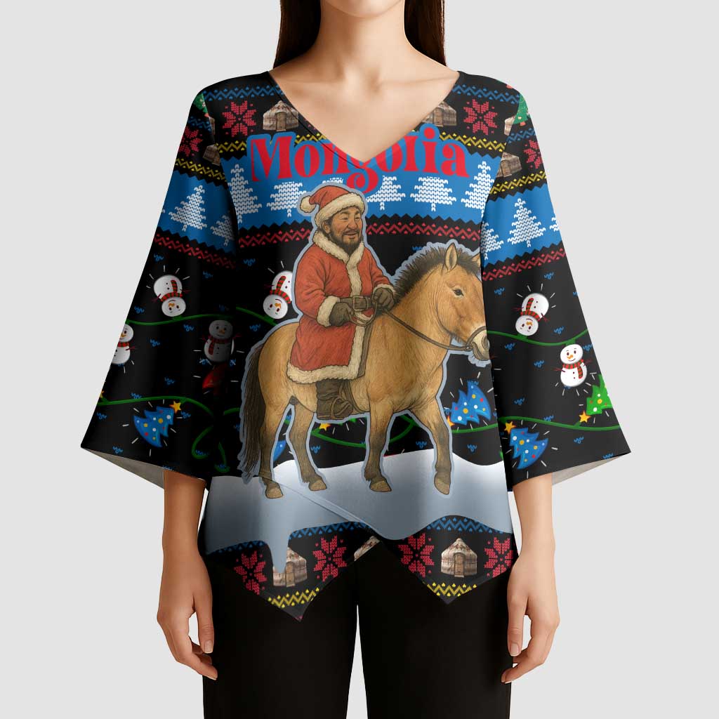 Mongolia Christmas Kimono Sleeve Blouse with Santa Riding Horse Snowmen Yurts and Winter Holiday - Wonder Print Shop
