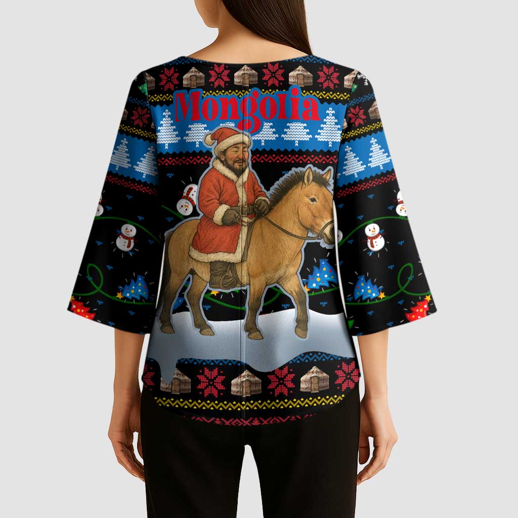 Mongolia Christmas Kimono Sleeve Blouse with Santa Riding Horse Snowmen Yurts and Winter Holiday - Wonder Print Shop