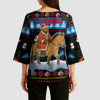 Mongolia Christmas Kimono Sleeve Blouse with Santa Riding Horse Snowmen Yurts and Winter Holiday - Wonder Print Shop