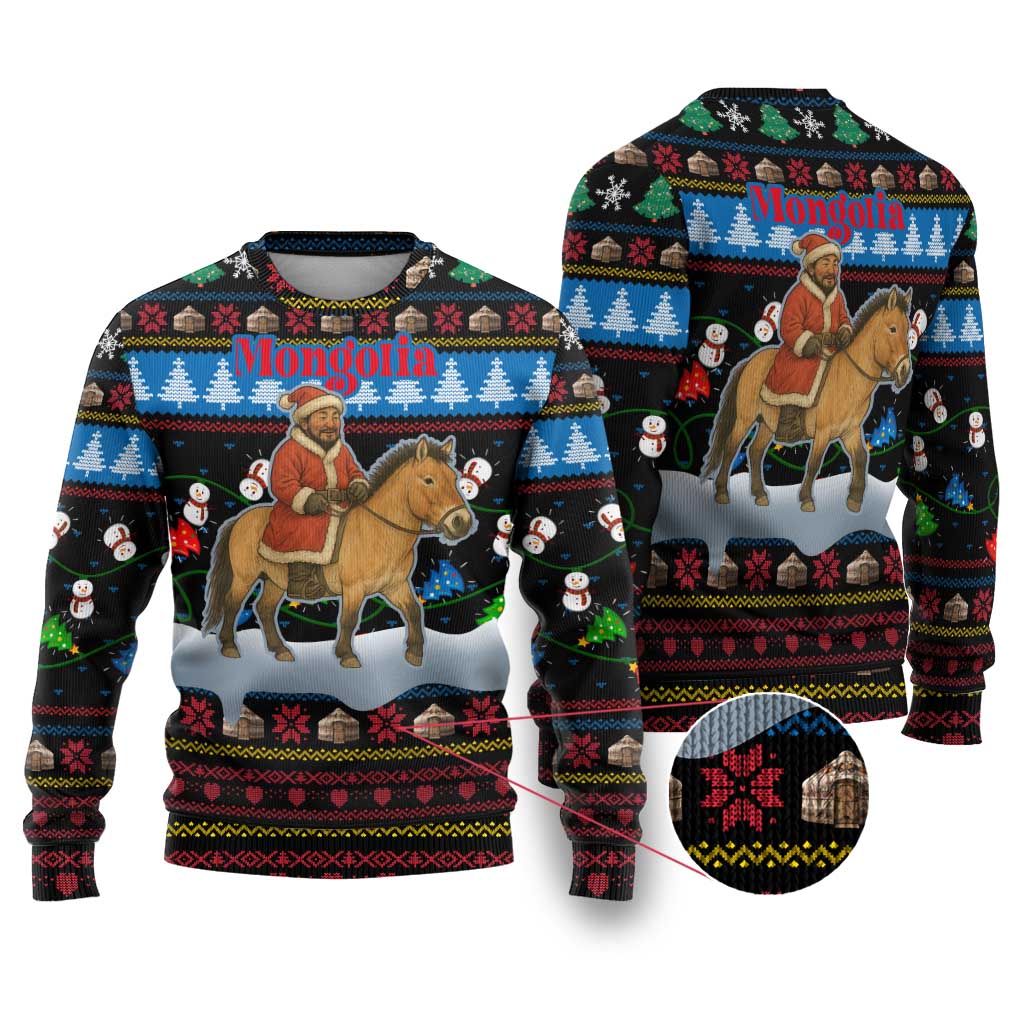 Mongolia Christmas Ugly Christmas Sweater with Santa Riding Horse Snowmen Yurts and Winter Holiday - Wonder Print Shop