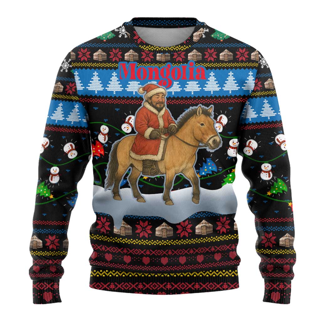 Mongolia Christmas Ugly Christmas Sweater with Santa Riding Horse Snowmen Yurts and Winter Holiday - Wonder Print Shop