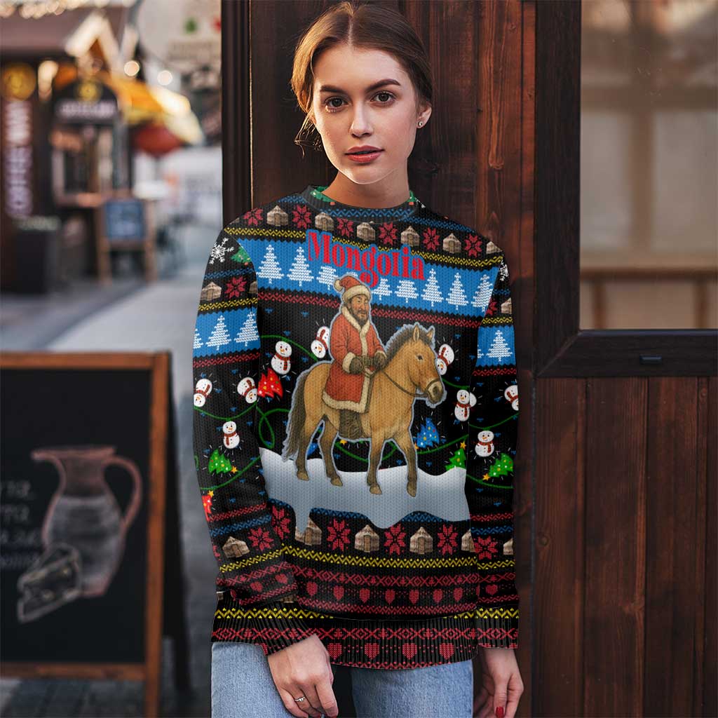 Mongolia Christmas Ugly Christmas Sweater with Santa Riding Horse Snowmen Yurts and Winter Holiday - Wonder Print Shop