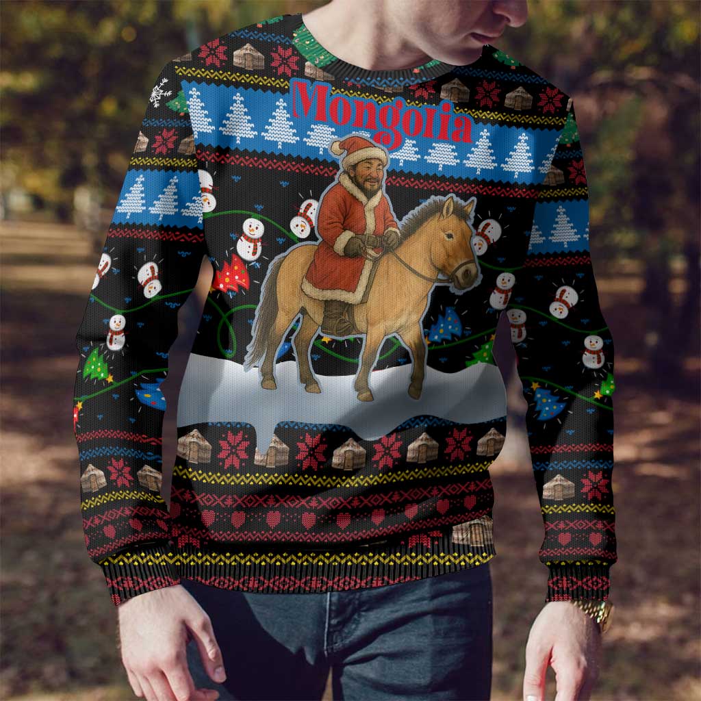 Mongolia Christmas Ugly Christmas Sweater with Santa Riding Horse Snowmen Yurts and Winter Holiday - Wonder Print Shop