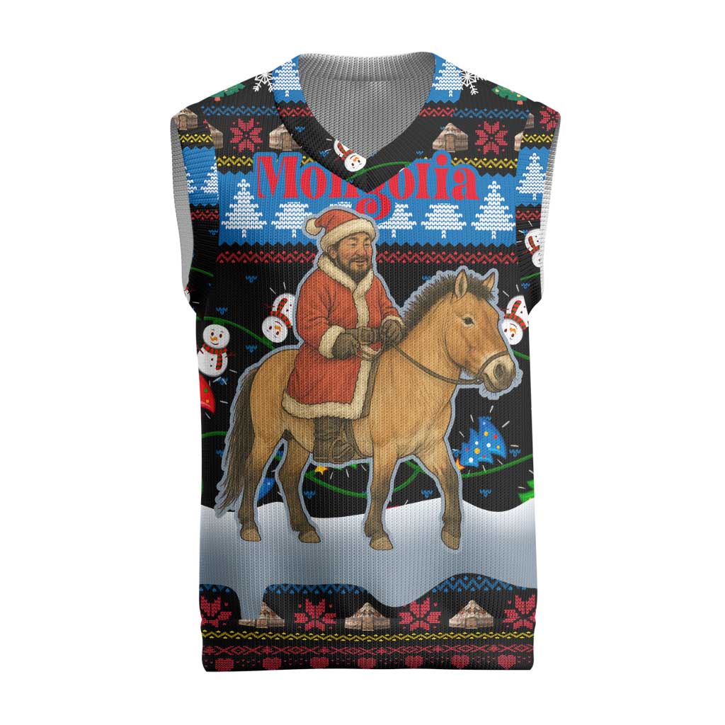 Mongolia Christmas Knitted V-Neck Vest with Santa Riding Horse Snowmen Yurts and Winter Holiday - Wonder Print Shop