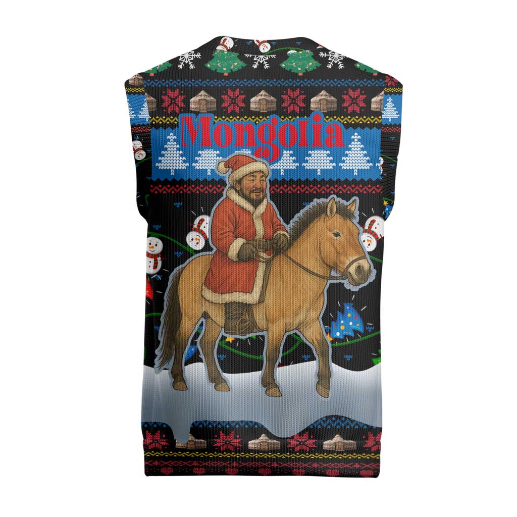 Mongolia Christmas Knitted V-Neck Vest with Santa Riding Horse Snowmen Yurts and Winter Holiday - Wonder Print Shop