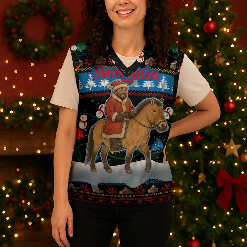 Mongolia Christmas Knitted V-Neck Vest with Santa Riding Horse Snowmen Yurts and Winter Holiday - Wonder Print Shop