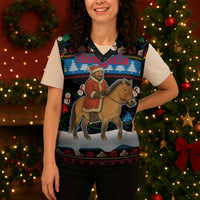 Mongolia Christmas Knitted V-Neck Vest with Santa Riding Horse Snowmen Yurts and Winter Holiday - Wonder Print Shop