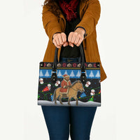 Mongolia Christmas Leather Bag with Santa Riding Horse Snowmen Yurts and Winter Holiday - Wonder Print Shop