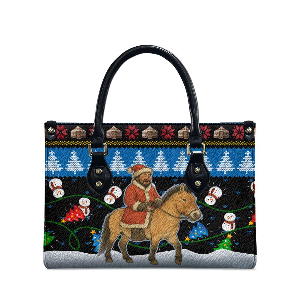 Mongolia Christmas Leather Bag with Santa Riding Horse Snowmen Yurts and Winter Holiday - Wonder Print Shop