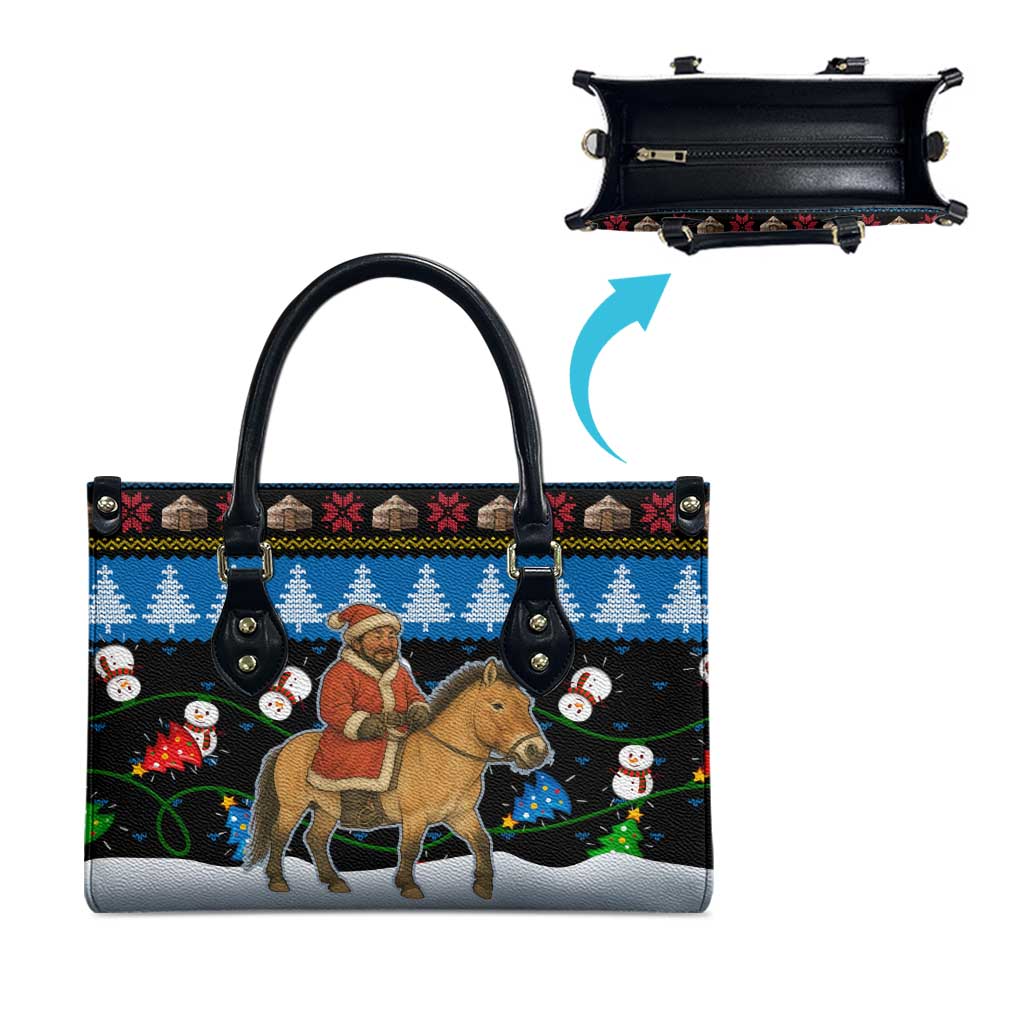 Mongolia Christmas Leather Bag with Santa Riding Horse Snowmen Yurts and Winter Holiday - Wonder Print Shop