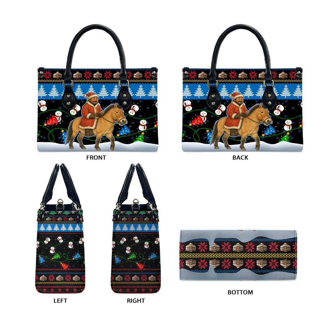 Mongolia Christmas Leather Bag with Santa Riding Horse Snowmen Yurts and Winter Holiday - Wonder Print Shop