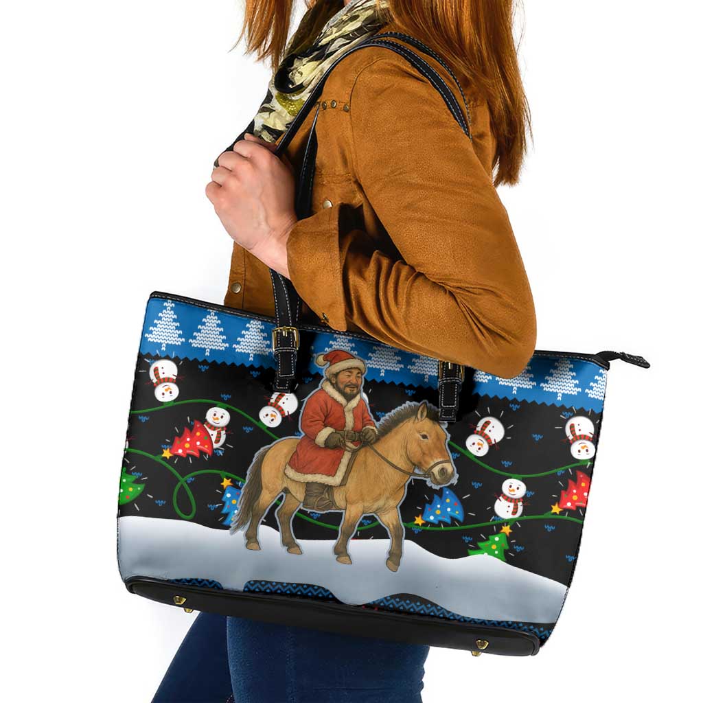 Mongolia Christmas Leather Tote Bag with Santa Riding Horse Snowmen Yurts and Winter Holiday - Wonder Print Shop