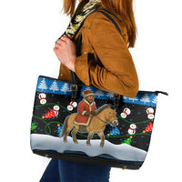 Mongolia Christmas Leather Tote Bag with Santa Riding Horse Snowmen Yurts and Winter Holiday - Wonder Print Shop