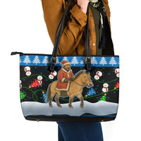 Mongolia Christmas Leather Tote Bag with Santa Riding Horse Snowmen Yurts and Winter Holiday - Wonder Print Shop
