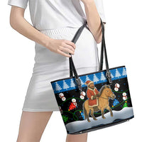 Mongolia Christmas Leather Tote Bag with Santa Riding Horse Snowmen Yurts and Winter Holiday - Wonder Print Shop