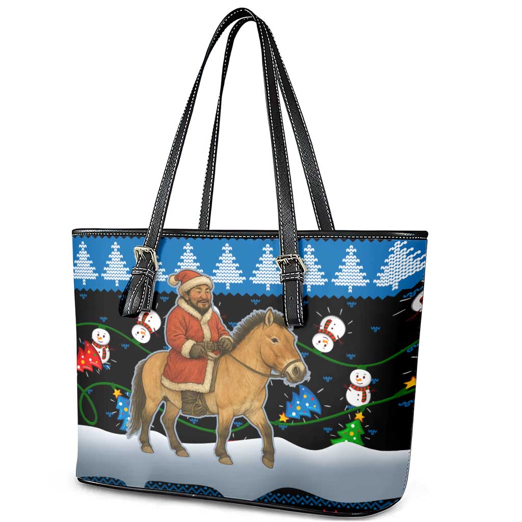 Mongolia Christmas Leather Tote Bag with Santa Riding Horse Snowmen Yurts and Winter Holiday - Wonder Print Shop