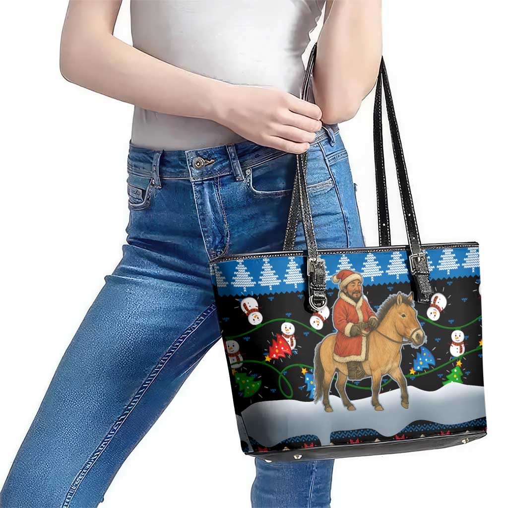 Mongolia Christmas Leather Tote Bag with Santa Riding Horse Snowmen Yurts and Winter Holiday - Wonder Print Shop