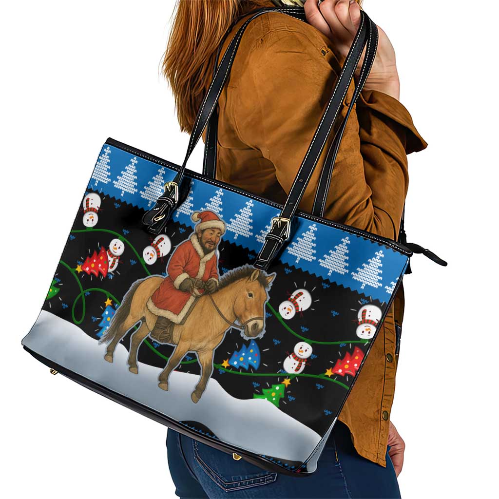 Mongolia Christmas Leather Tote Bag with Santa Riding Horse Snowmen Yurts and Winter Holiday - Wonder Print Shop