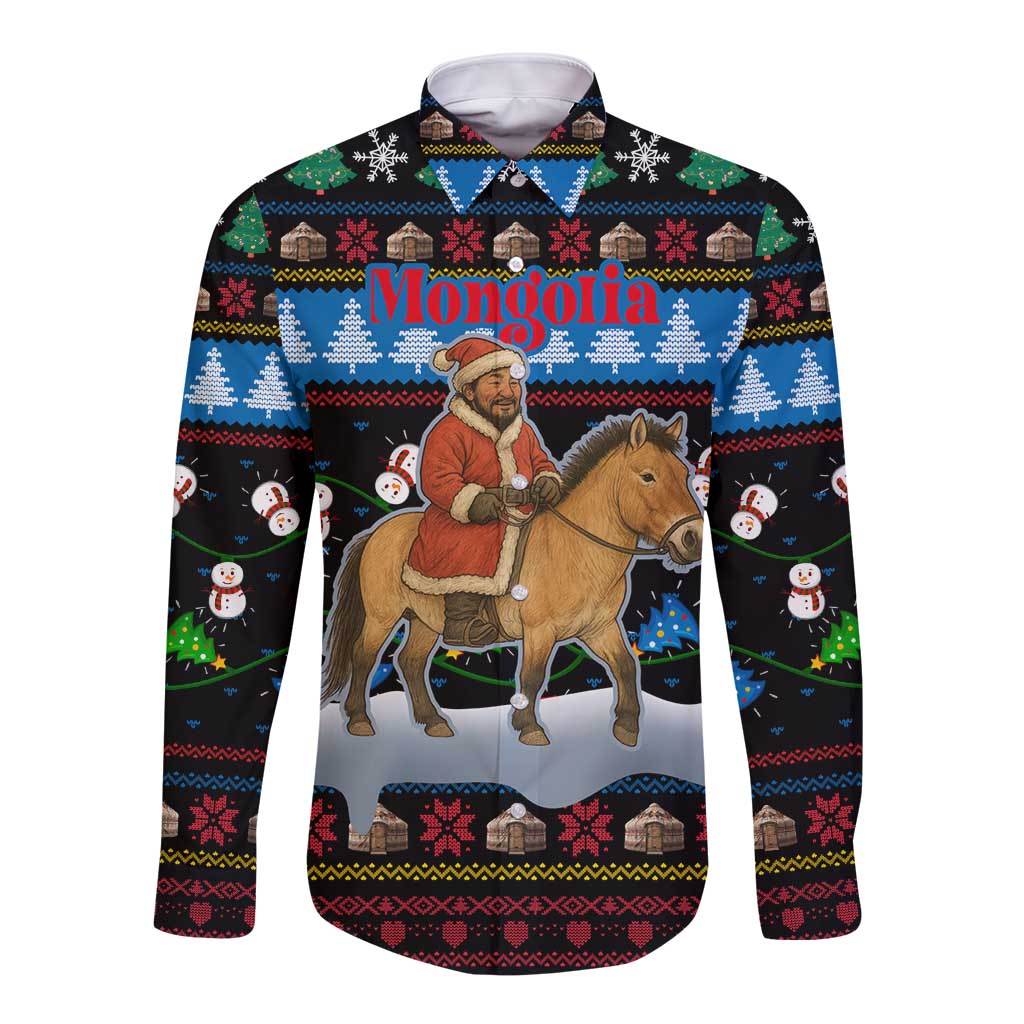 Mongolia Christmas Long Sleeve Button Shirt with Santa Riding Horse Snowmen Yurts and Winter Holiday - Wonder Print Shop