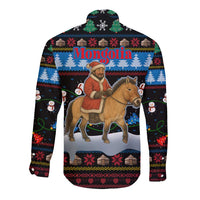 Mongolia Christmas Long Sleeve Button Shirt with Santa Riding Horse Snowmen Yurts and Winter Holiday - Wonder Print Shop