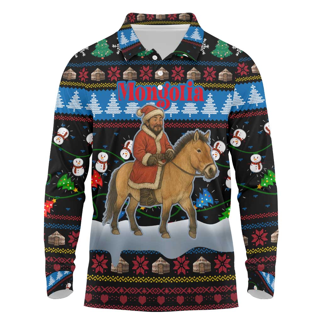 Mongolia Christmas Long Sleeve Polo Shirt with Santa Riding Horse Snowmen Yurts and Winter Holiday - Wonder Print Shop