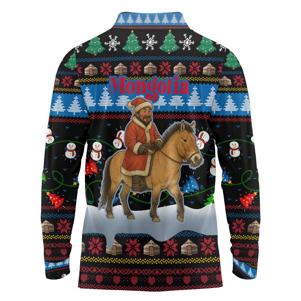 Mongolia Christmas Long Sleeve Polo Shirt with Santa Riding Horse Snowmen Yurts and Winter Holiday - Wonder Print Shop