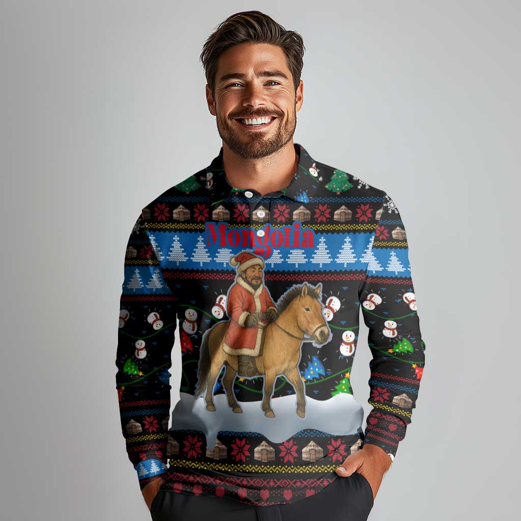 Mongolia Christmas Long Sleeve Polo Shirt with Santa Riding Horse Snowmen Yurts and Winter Holiday - Wonder Print Shop