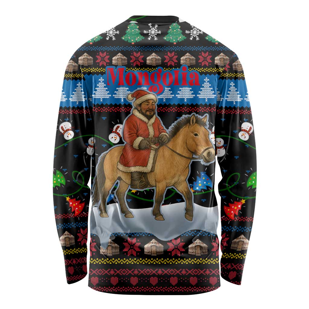 Mongolia Christmas Long Sleeve Shirt with Santa Riding Horse Snowmen Yurts and Winter Holiday - Wonder Print Shop