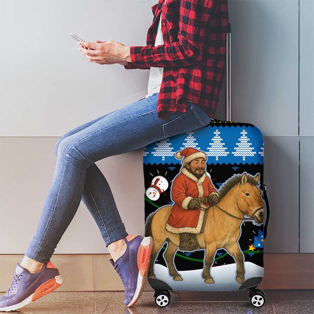 Mongolia Christmas Luggage Cover with Santa Riding Horse Snowmen Yurts and Winter Holiday - Wonder Print Shop