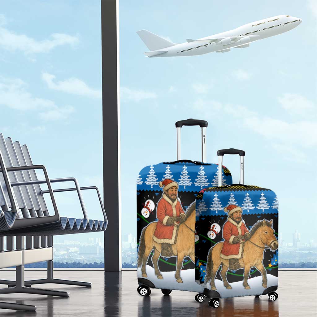 Mongolia Christmas Luggage Cover with Santa Riding Horse Snowmen Yurts and Winter Holiday - Wonder Print Shop