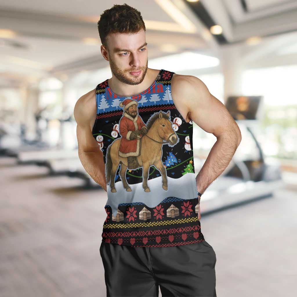 Mongolia Christmas Men Tank Top with Santa Riding Horse Snowmen Yurts and Winter Holiday - Wonder Print Shop