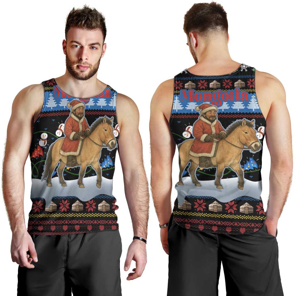 Mongolia Christmas Men Tank Top with Santa Riding Horse Snowmen Yurts and Winter Holiday - Wonder Print Shop