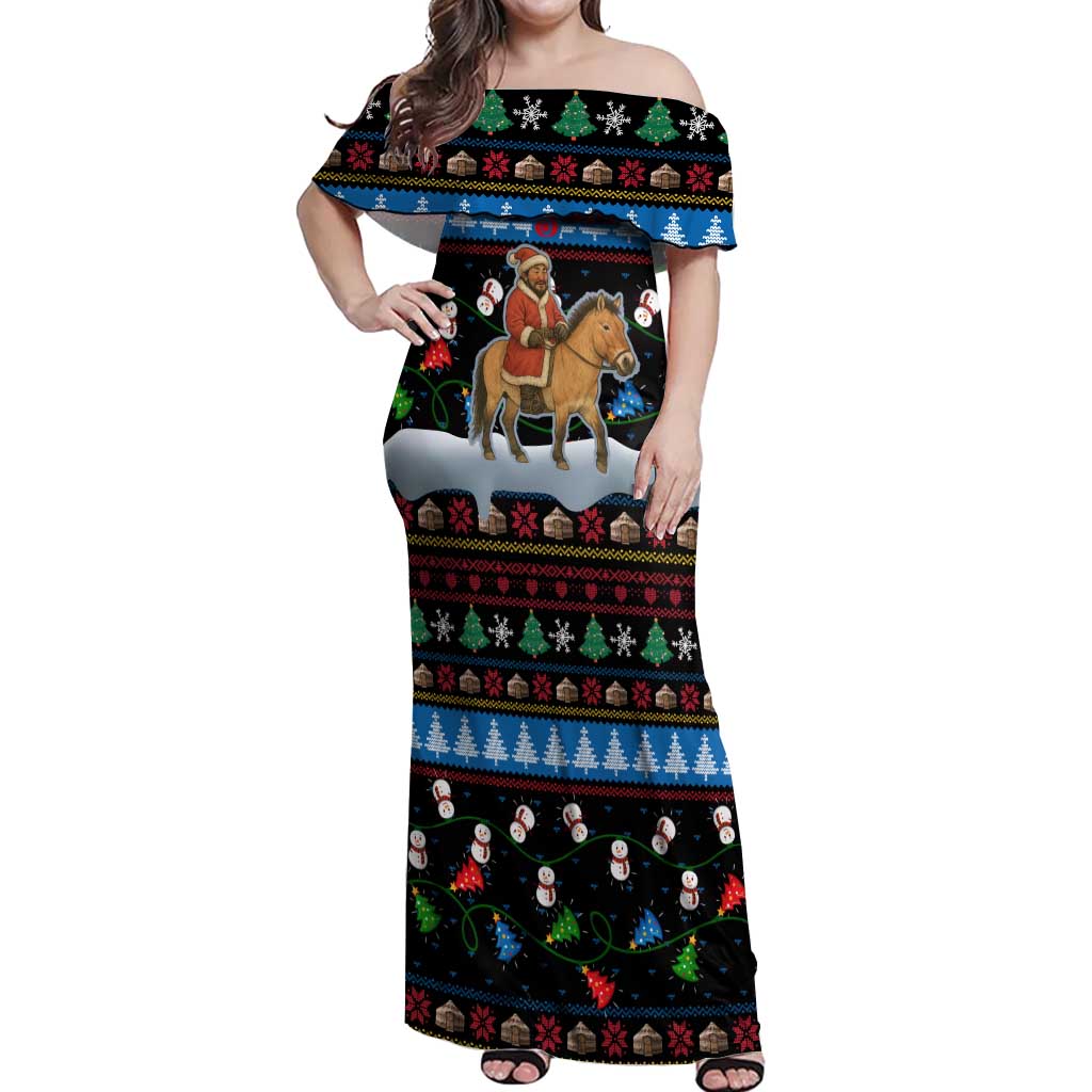 Mongolia Christmas Off Shoulder Maxi Dress with Santa Riding Horse Snowmen Yurts and Winter Holiday - Wonder Print Shop
