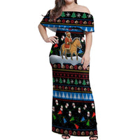 Mongolia Christmas Off Shoulder Maxi Dress with Santa Riding Horse Snowmen Yurts and Winter Holiday - Wonder Print Shop
