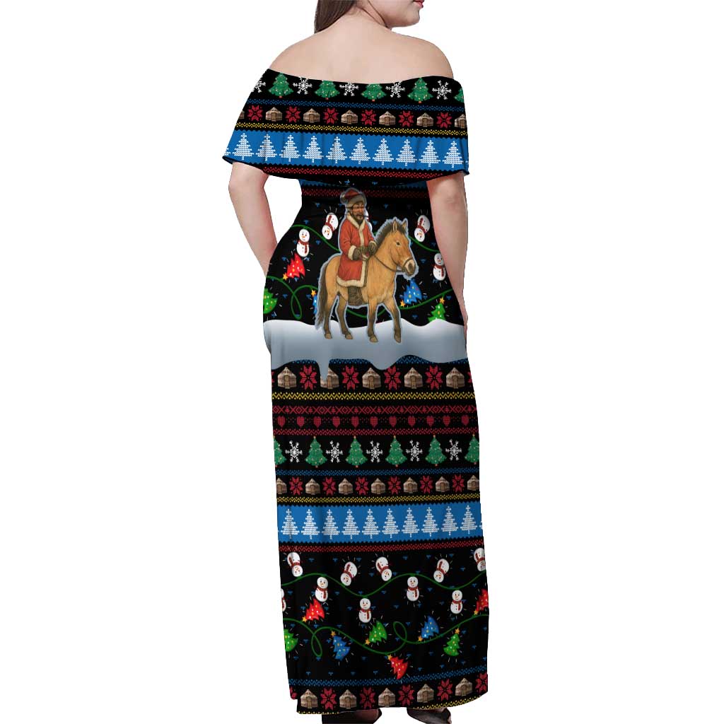 Mongolia Christmas Off Shoulder Maxi Dress with Santa Riding Horse Snowmen Yurts and Winter Holiday - Wonder Print Shop