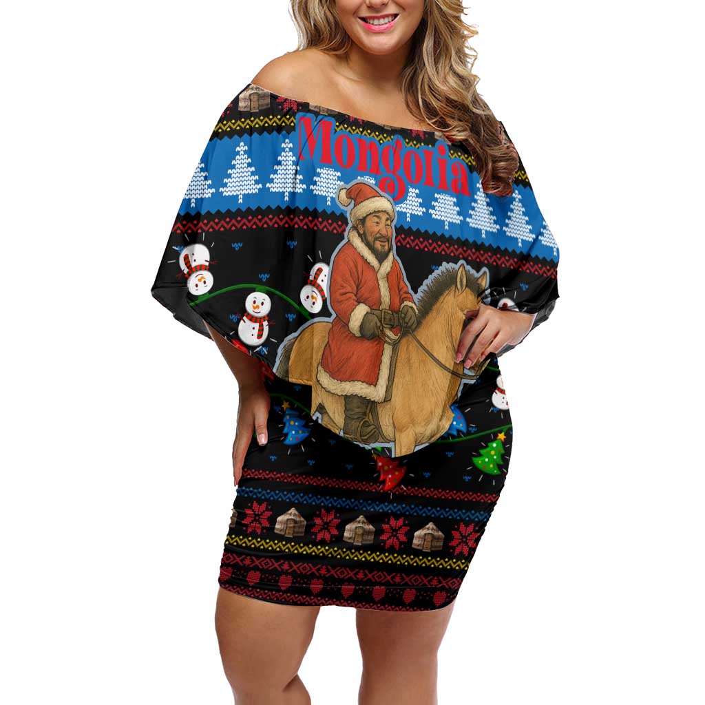 Mongolia Christmas Off Shoulder Short Dress with Santa Riding Horse Snowmen Yurts and Winter Holiday - Wonder Print Shop