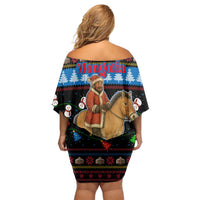 Mongolia Christmas Off Shoulder Short Dress with Santa Riding Horse Snowmen Yurts and Winter Holiday - Wonder Print Shop