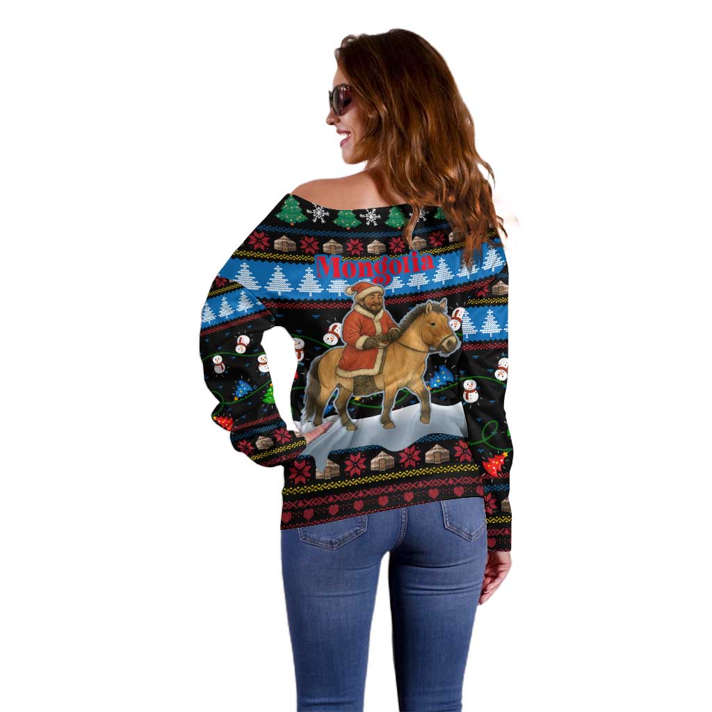 Mongolia Christmas Off Shoulder Sweater with Santa Riding Horse Snowmen Yurts and Winter Holiday - Wonder Print Shop