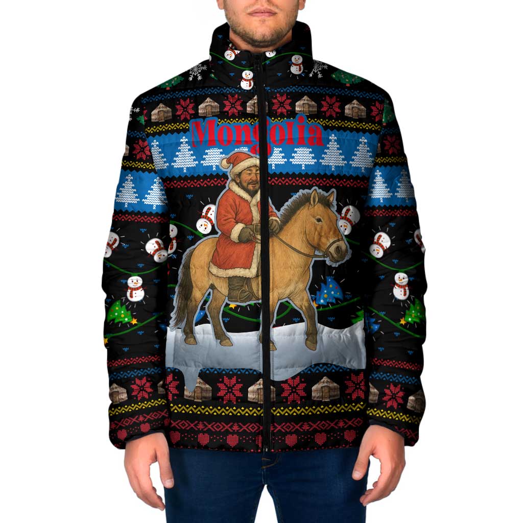 Mongolia Christmas Padded Jacket with Santa Riding Horse Snowmen Yurts and Winter Holiday - Wonder Print Shop