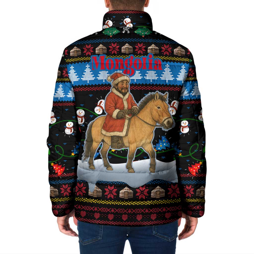 Mongolia Christmas Padded Jacket with Santa Riding Horse Snowmen Yurts and Winter Holiday - Wonder Print Shop