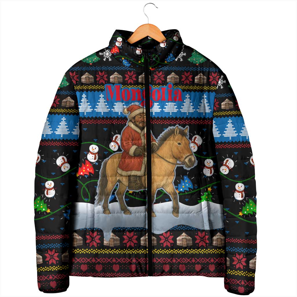 Mongolia Christmas Padded Jacket with Santa Riding Horse Snowmen Yurts and Winter Holiday - Wonder Print Shop