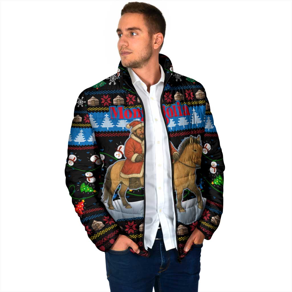 Mongolia Christmas Padded Jacket with Santa Riding Horse Snowmen Yurts and Winter Holiday - Wonder Print Shop