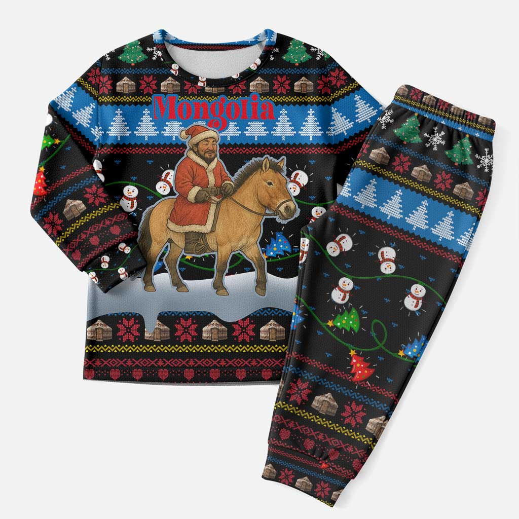Mongolia Christmas Pajama Set with Santa Riding Horse Snowmen Yurts and Winter Holiday - Wonder Print Shop
