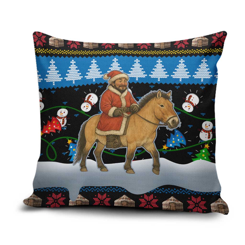 Mongolia Christmas Pillow Cover with Santa Riding Horse Snowmen Yurts and Winter Holiday - Wonder Print Shop