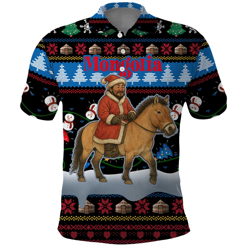 Mongolia Christmas Polo Shirt with Santa Riding Horse Snowmen Yurts and Winter Holiday - Wonder Print Shop