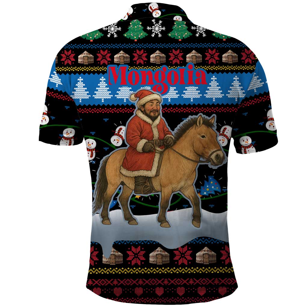 Mongolia Christmas Polo Shirt with Santa Riding Horse Snowmen Yurts and Winter Holiday - Wonder Print Shop