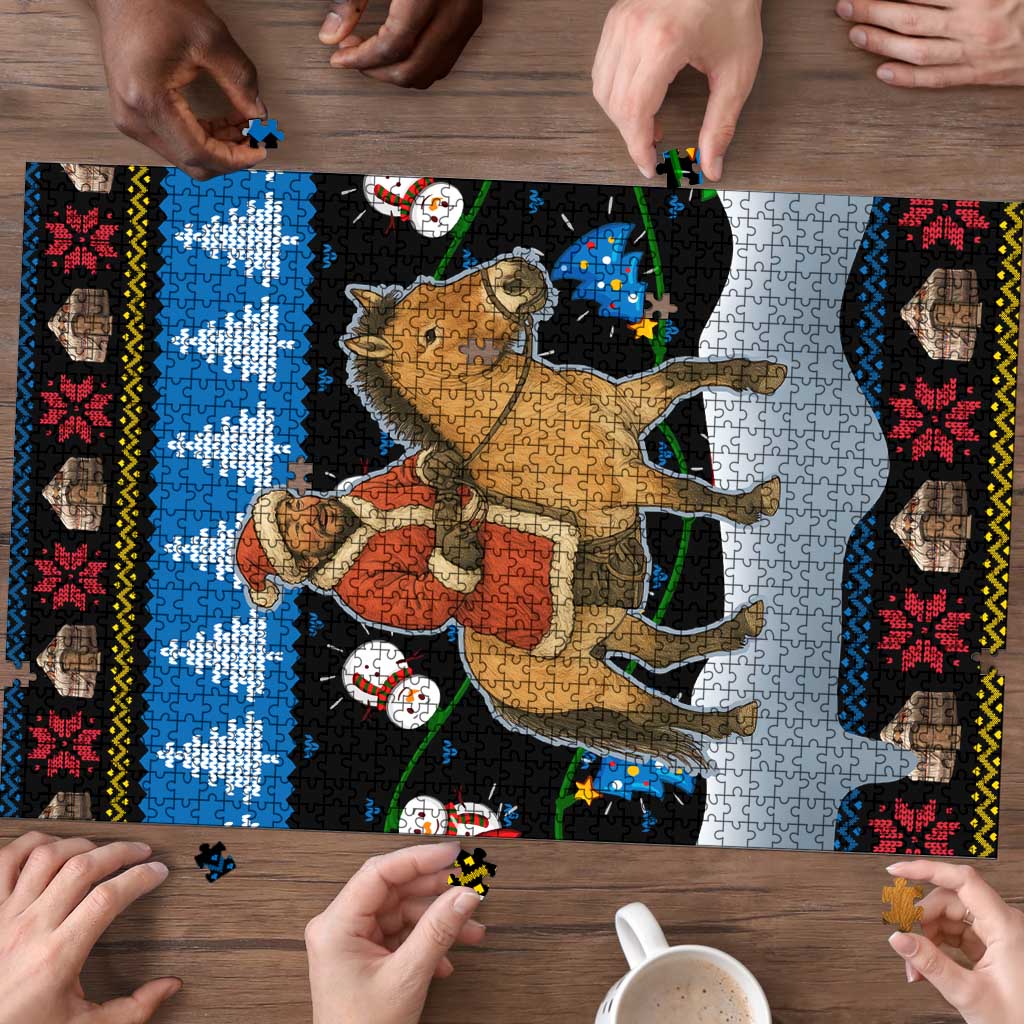Mongolia Christmas Puzzle with Santa Riding Horse Snowmen Yurts and Winter Holiday - Wonder Print Shop