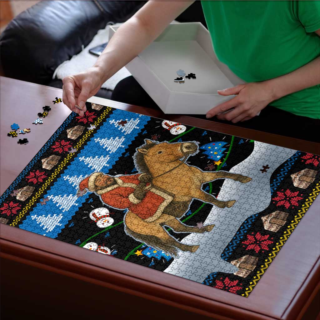 Mongolia Christmas Puzzle with Santa Riding Horse Snowmen Yurts and Winter Holiday - Wonder Print Shop